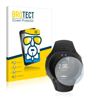 Front side of a product packaging with the brand logo BROTECT. Next to it is the device Suunto Spartan Trainer Wrist HR shown 