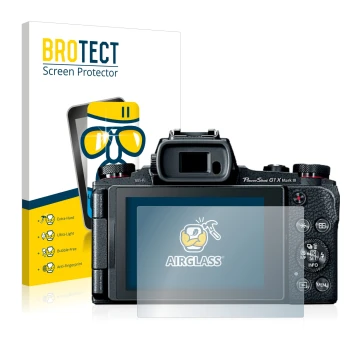 Front side of a product packaging with the brand logo BROTECT. Next to it is the device Canon PowerShot G1 X Mark III shown wi