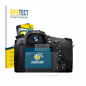 Front side of a product packaging with the brand logo BROTECT. Next to it is the device Sony Cyber-Shot DSC-RX10 IV shown with
