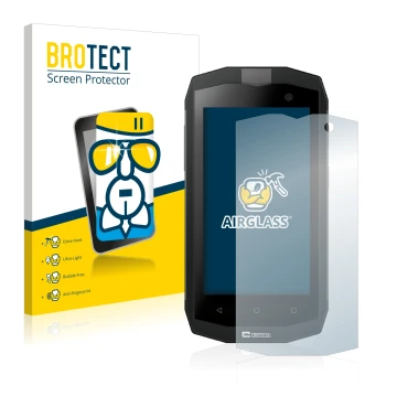 Front side of a product packaging with the brand logo BROTECT. Next to it is the device Crosscall Trekker M1 shown with the co