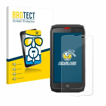 Front side of a product packaging with the brand logo BROTECT. Next to it is the device Crosscall Action X3 shown with the cor