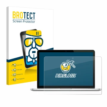 Front side of a product packaging with the brand logo BROTECT. Next to it is the device Apple MacBook Pro Retina 13