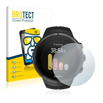Front side of a product packaging with the brand logo BROTECT. Next to it is the device Suunto Spartan Ultra shown with the co