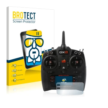 Front side of a product packaging with the brand logo BROTECT. Next to it is the device Spektrum DX8 G2 shown with the corresp