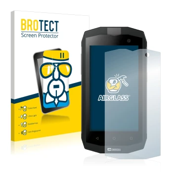 Front side of a product packaging with the brand logo BROTECT. Next to it is the device Crosscall Trekker M1 Core shown with t