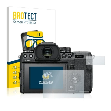 Front side of a product packaging with the brand logo BROTECT. Next to it is the device Fujifilm X-H1 shown with the correspon