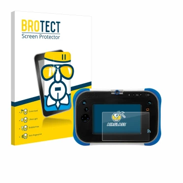 Front side of a product packaging with the brand logo BROTECT. Next to it is the device Vtech Storio Max 2.0 shown with the co