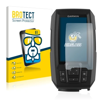 Front side of a product packaging with the brand logo BROTECT. Next to it is the device Garmin Striker Plus 4 shown with the c
