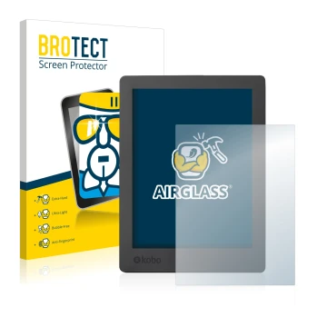 Front side of a product packaging with the brand logo BROTECT. Next to it is the device Kobo Aura H2O Edition 2 shown with the