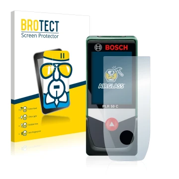 Front side of a product packaging with the brand logo BROTECT. Next to it is the device Bosch PLR 50 C shown with the correspo