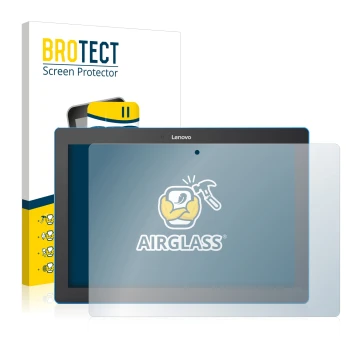 Front side of a product packaging with the brand logo BROTECT. Next to it is the device Lenovo Tab 10 TB-X103F shown with the 