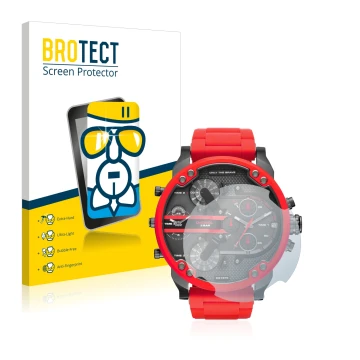Front side of a product packaging with the brand logo BROTECT. Next to it is the device Diesel DZ7370 shown with the correspon