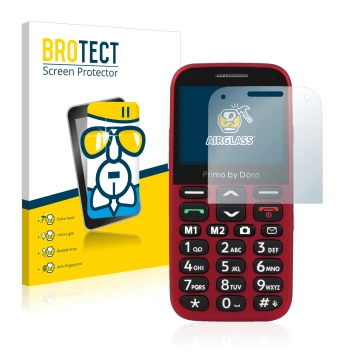 Front side of a product packaging with the brand logo BROTECT. Next to it is the device Doro Primo 366 shown with the correspo