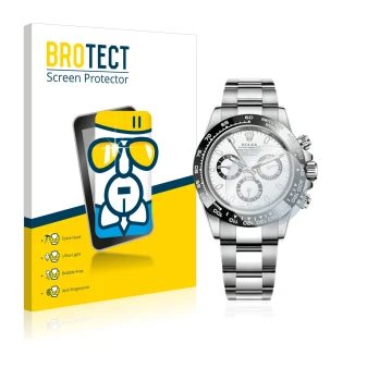 Front side of a product packaging with the brand logo BROTECT. Next to it is the device Rolex Cosmograph Daytona (40 mm) shown