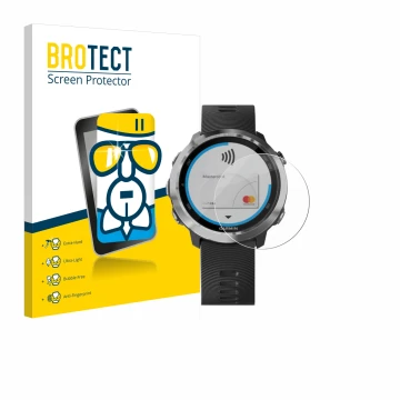 Front side of a product packaging with the brand logo BROTECT. Next to it is the device Garmin Forerunner 645 shown with the c