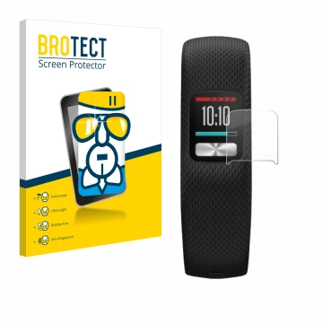 Front side of a product packaging with the brand logo BROTECT. Next to it is the device Garmin Vivofit 4 shown with the corres
