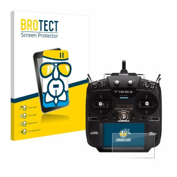 Front side of a product packaging with the brand logo BROTECT. Next to it is the device Robbe Futaba T16SZ shown with the corr