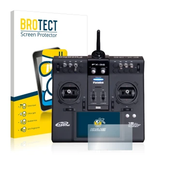 Front side of a product packaging with the brand logo BROTECT. Next to it is the device Robbe Futaba FX-36 shown with the corr