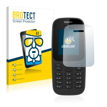 Front side of a product packaging with the brand logo BROTECT. Next to it is the device Nokia 105 2017 shown with the correspo