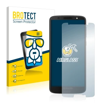 Front side of a product packaging with the brand logo BROTECT. Next to it is the device Motorola Moto G6 shown with the corres