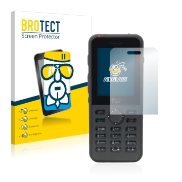 Front side of a product packaging with the brand logo BROTECT. Next to it is the device Cisco IP Phone 8821 shown with the cor