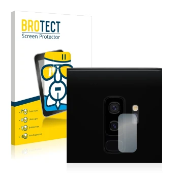 Front side of a product packaging with the brand logo BROTECT. Next to it is the device Samsung Galaxy S9 Plus (ONLY Camera Le