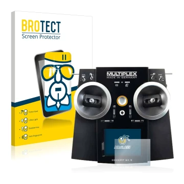 Front side of a product packaging with the brand logo BROTECT. Next to it is the device Multiplex Cockpit SX9 shown with the c