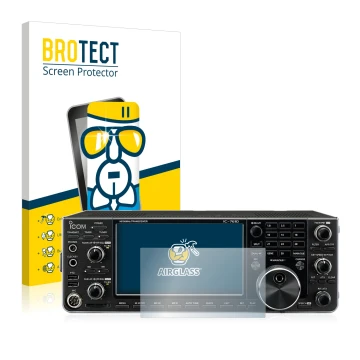 Front side of a product packaging with the brand logo BROTECT. Next to it is the device Icom IC-7610 shown with the correspond