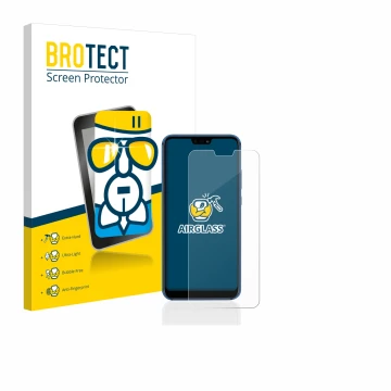 Front side of a product packaging with the brand logo BROTECT. Next to it is the device Huawei P20 lite 2018 shown with the co