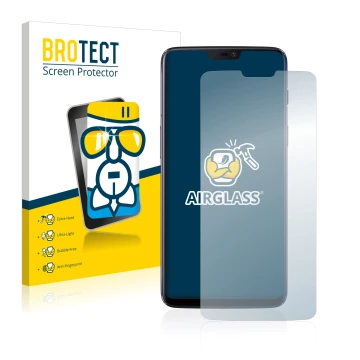 Front side of a product packaging with the brand logo BROTECT. Next to it is the device OnePlus 6 shown with the corresponding