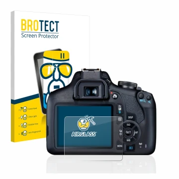 Front side of a product packaging with the brand logo BROTECT. Next to it is the device Canon EOS 2000D shown with the corresp