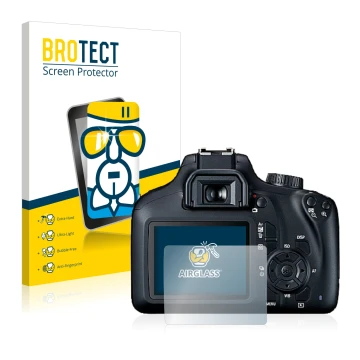 Front side of a product packaging with the brand logo BROTECT. Next to it is the device Canon EOS 4000D shown with the corresp