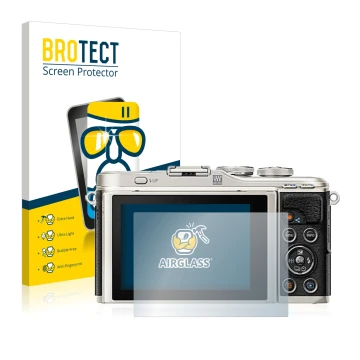 Front side of a product packaging with the brand logo BROTECT. Next to it is the device Olympus PEN E-PL9 shown with the corre