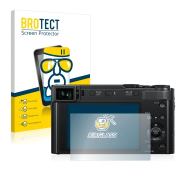 Front side of a product packaging with the brand logo BROTECT. Next to it is the device Panasonic Lumix DC-TZ202 shown with th