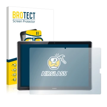 Front side of a product packaging with the brand logo BROTECT. Next to it is the device Huawei MediaPad M5 10.8 shown with the