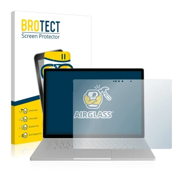 Front side of a product packaging with the brand logo BROTECT. Next to it is the device Microsoft Surface Book 2 15