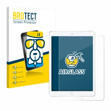 Front side of a product packaging with the brand logo BROTECT. Next to it is the device Apple iPad 9.7