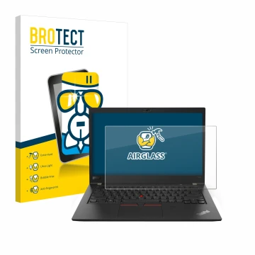Front side of a product packaging with the brand logo BROTECT. Next to it is the device Lenovo ThinkPad T480s shown with the c