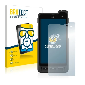 Front side of a product packaging with the brand logo BROTECT. Next to it is the device Sonim XP8 shown with the corresponding