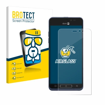 Front side of a product packaging with the brand logo BROTECT. Next to it is the device Doro 8035 shown with the corresponding