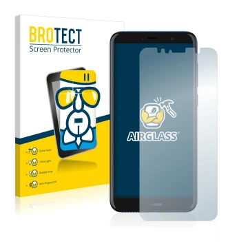 Front side of a product packaging with the brand logo BROTECT. Next to it is the device Huawei Y6 2018 shown with the correspo