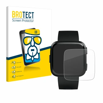 Front side of a product packaging with the brand logo BROTECT. Next to it is the device Fitbit Versa shown with the correspond
