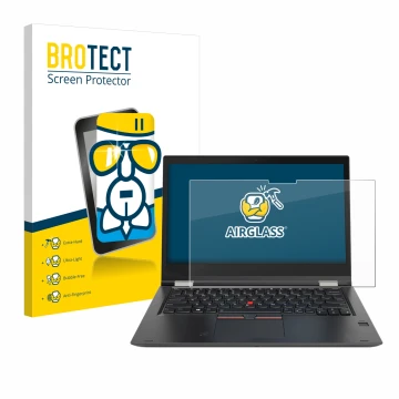 Front side of a product packaging with the brand logo BROTECT. Next to it is the device Lenovo ThinkPad Yoga X380 shown with t