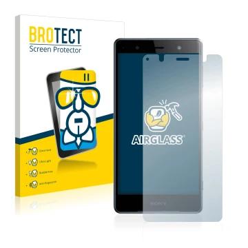 Front side of a product packaging with the brand logo BROTECT. Next to it is the device Sony Xperia XZ2 Premium shown with the