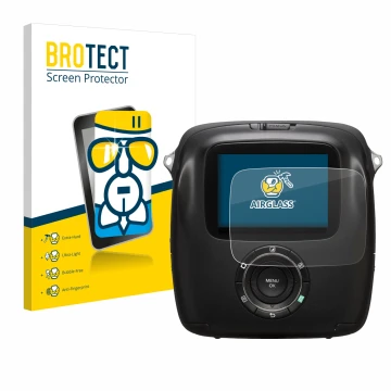 Front side of a product packaging with the brand logo BROTECT. Next to it is the device Fujifilm Instax Square SQ10 shown with