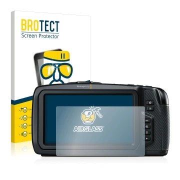 Front side of a product packaging with the brand logo BROTECT. Next to it is the device Blackmagic Pocket Cinema Camera 4K sho
