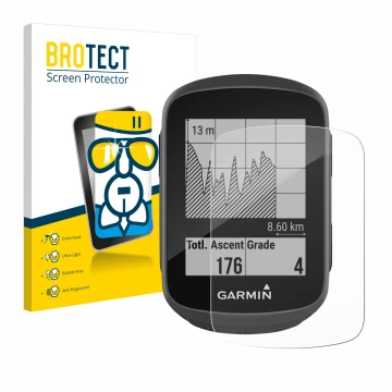 Front side of a product packaging with the brand logo BROTECT. Next to it is the device Garmin Edge 130 shown with the corresp