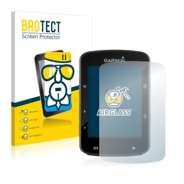 Front side of a product packaging with the brand logo BROTECT. Next to it is the device Garmin Edge 520 Plus shown with the co