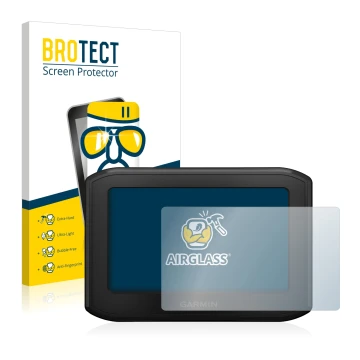 Front side of a product packaging with the brand logo BROTECT. Next to it is the device Garmin zumo 396 LMT-S shown with the c