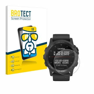 Front side of a product packaging with the brand logo BROTECT. Next to it is the device Garmin Tactix Charlie shown with the c